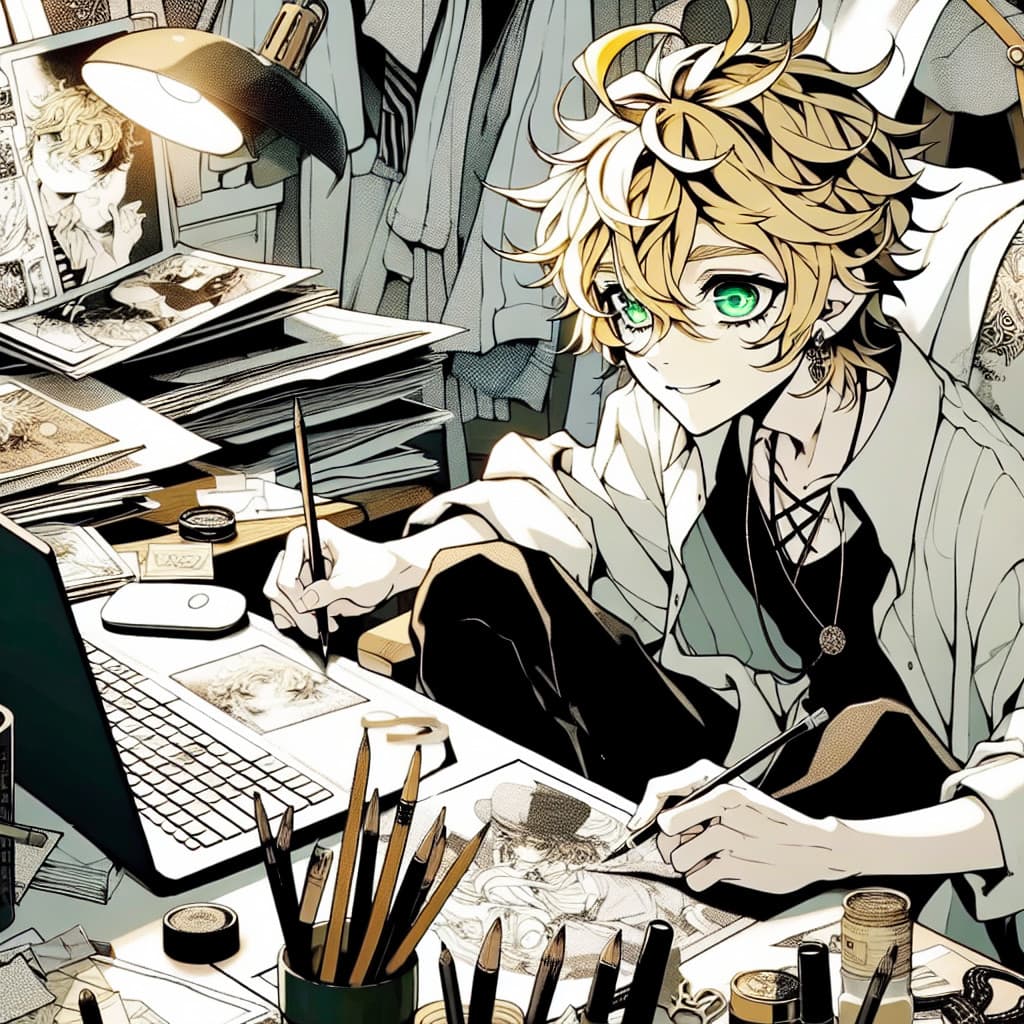 imagine in anime seraph of the end like look showing an anime boy with messy blond hair and green eyes working in branding mit storytelling