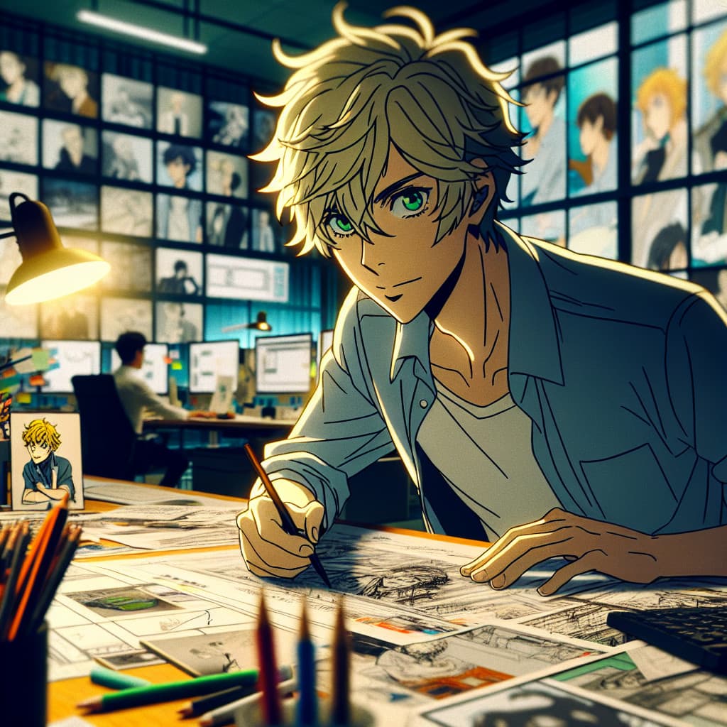 imagine in anime seraph of the end like look showing an anime boy with messy blond hair and green eyes working in deutsche marketingagentur
