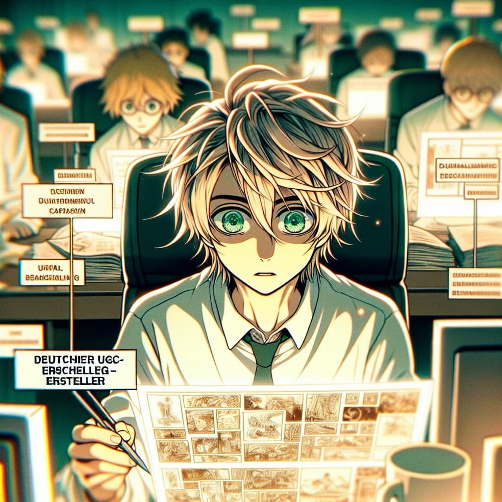 imagine in anime seraph of the end like look showing an anime boy with messy blond hair and green eyes working in deutscher ugc ersteller