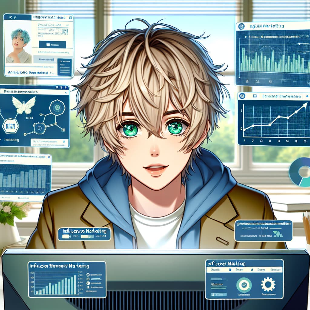 imagine in anime seraph of the end like look showing an anime boy with messy blond hair and green eyes working in deutsches influencer marketing