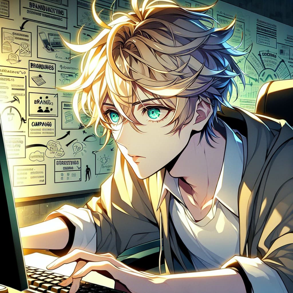 imagine in anime seraph of the end like look showing an anime boy with messy blond hair and green eyes working in eine marke online etablieren
