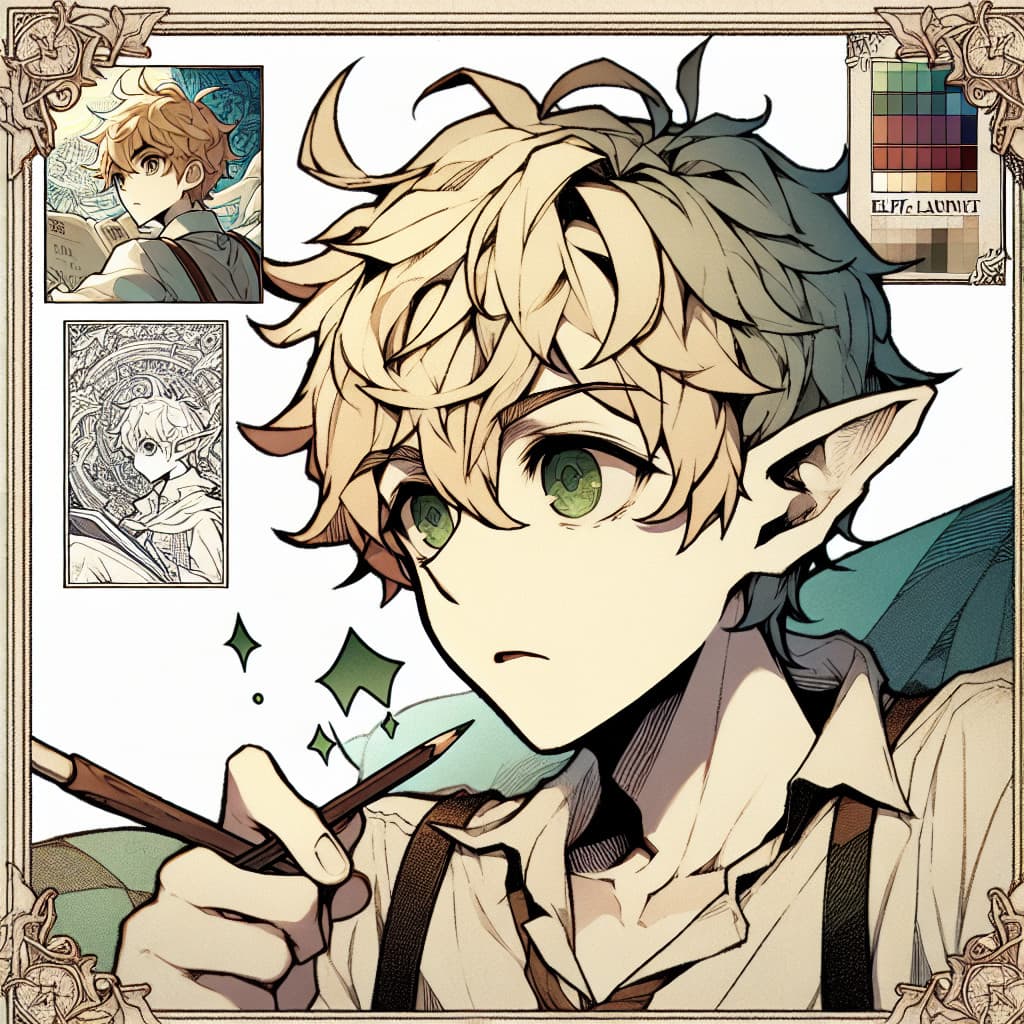imagine in anime seraph of the end like look showing an anime boy with messy blond hair and green eyes working in elf laufakt