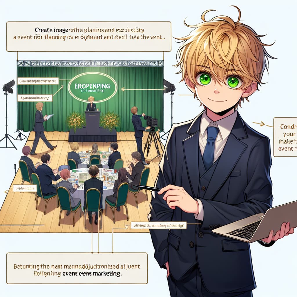 imagine in anime seraph of the end like look showing an anime boy with messy blond hair and green eyes working in eroeffnung event marketing