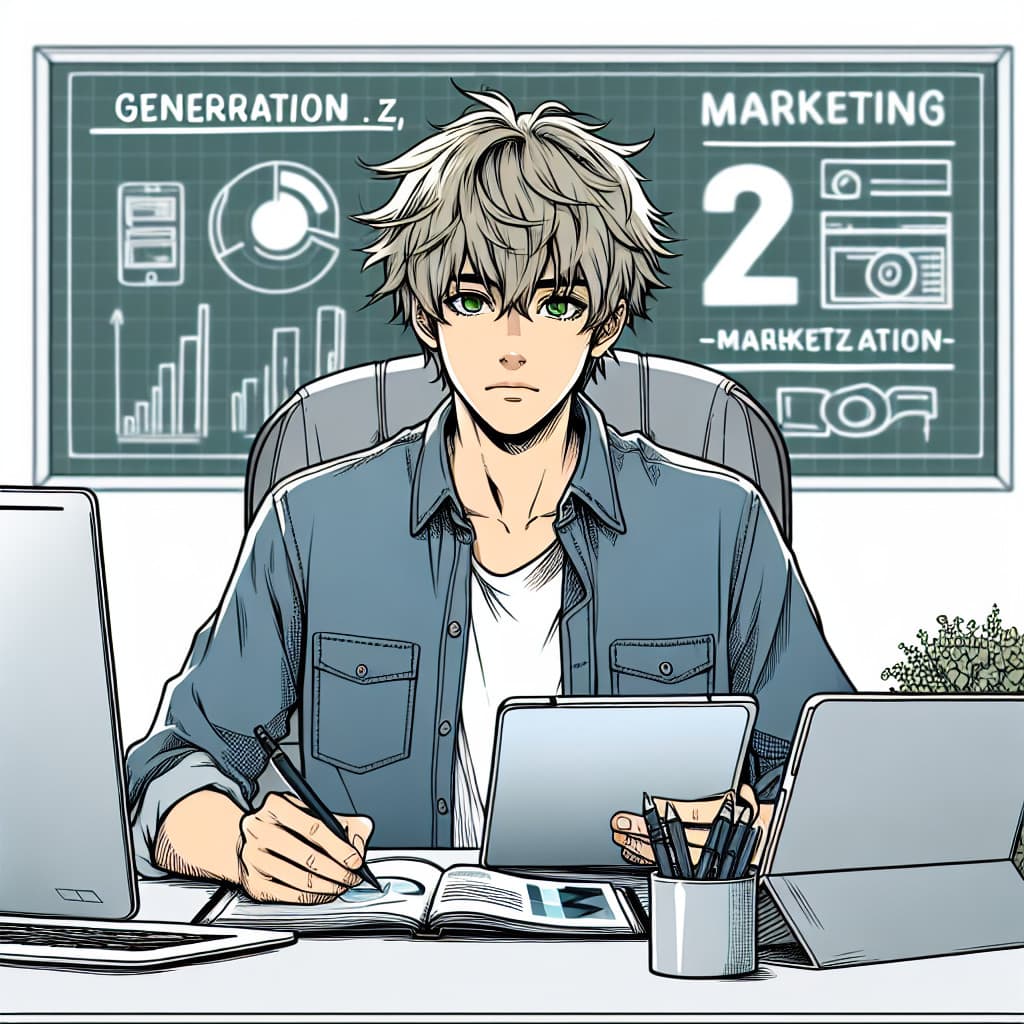 imagine in anime seraph of the end like look showing an anime boy with messy blond hair and green eyes working in generation z marketing
