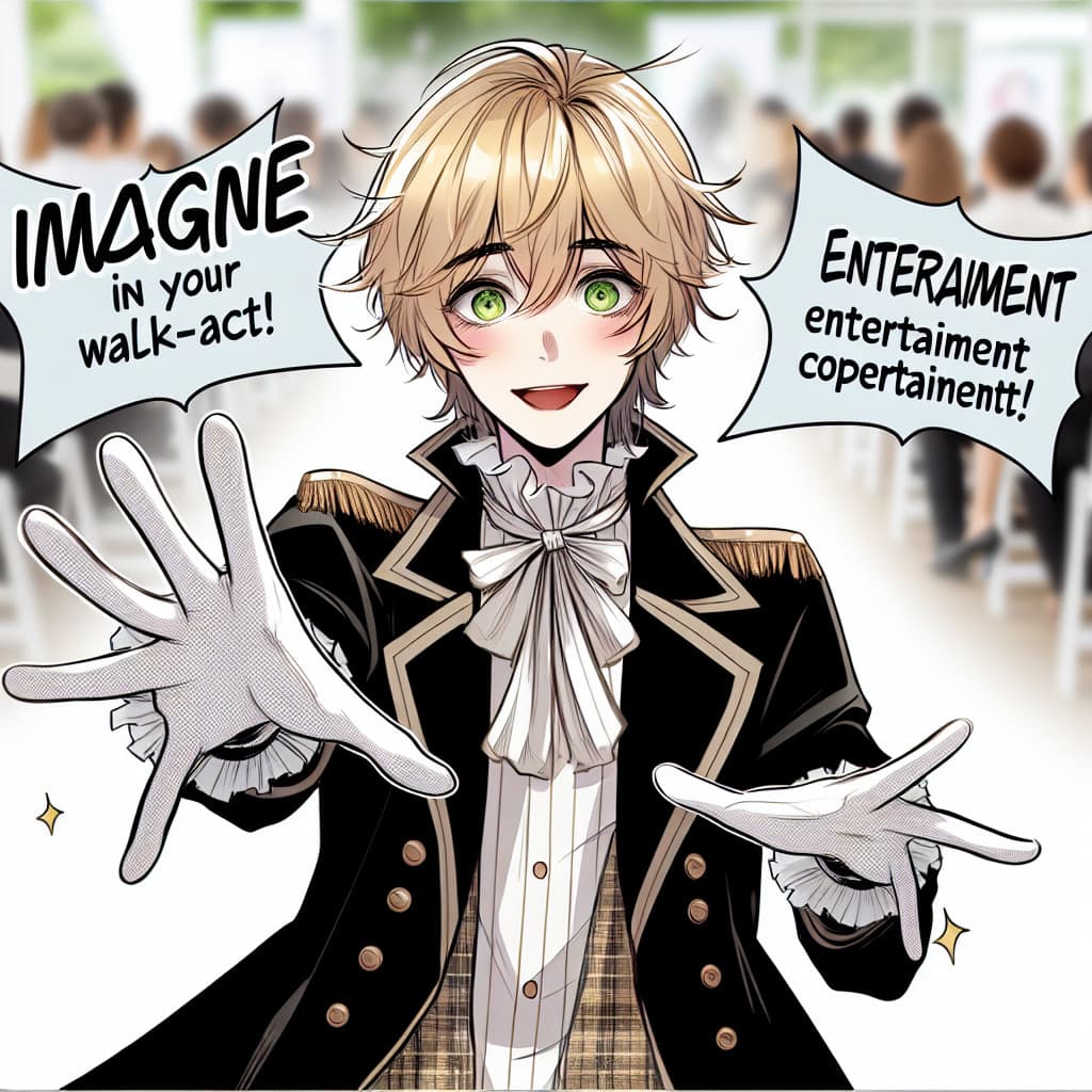 imagine in anime seraph of the end like look showing an anime boy with messy blond hair and green eyes working in kostuem walk act fuer firmenveranstaltungen