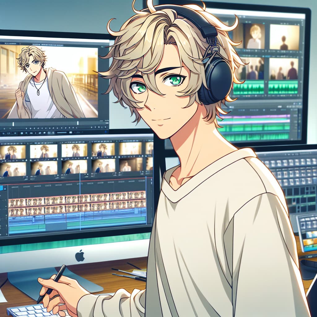 imagine in anime seraph of the end like look showing an anime boy with messy blond hair and green eyes working in ugc videoerstellung