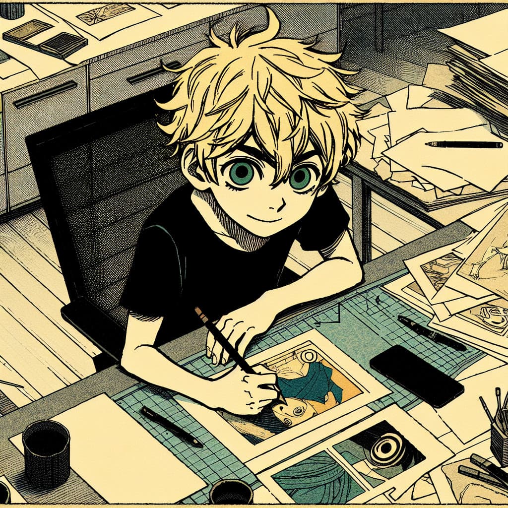 imagine in anime seraph of the end like look showing an anime boy with messy blond hair and green eyes working in unternehmens rebranding agentur