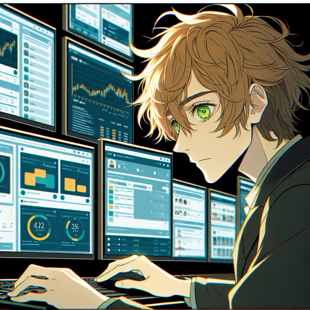 imagine in anime seraph of the end like look showing an anime boy with messy blond hair and green eyes working in youtube kontoverwaltung
